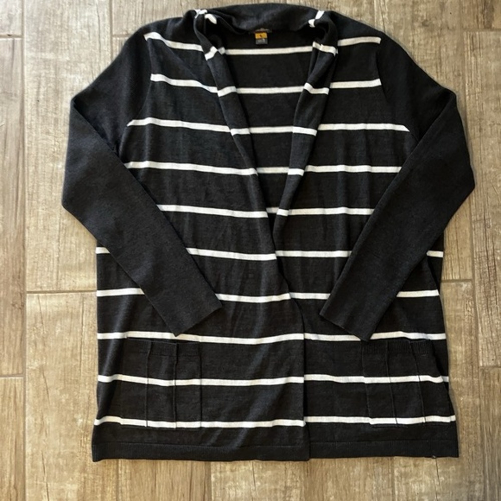 Eddie Bauer Long Striped Cardigan Gray White Pocket Soft Stripe Sweater Women XL